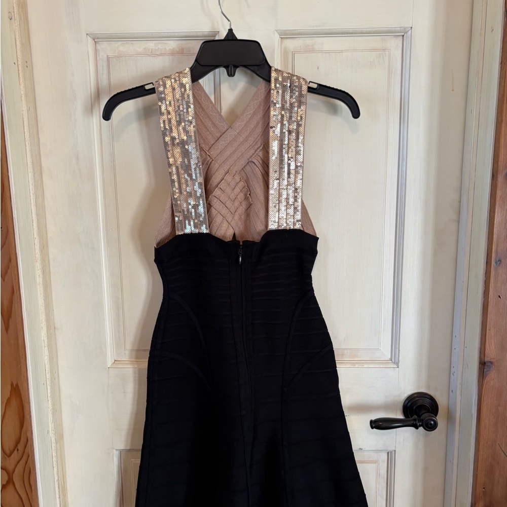 Herve Leger Black and Gold Asymmetrical Sequin Fit & Flare Dress - Picture 2 of 9